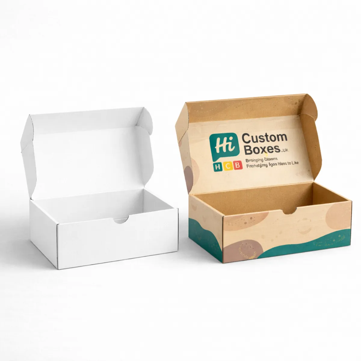 Two open mailer-style boxes- showing a plain white interior and a branded lid with text- class=